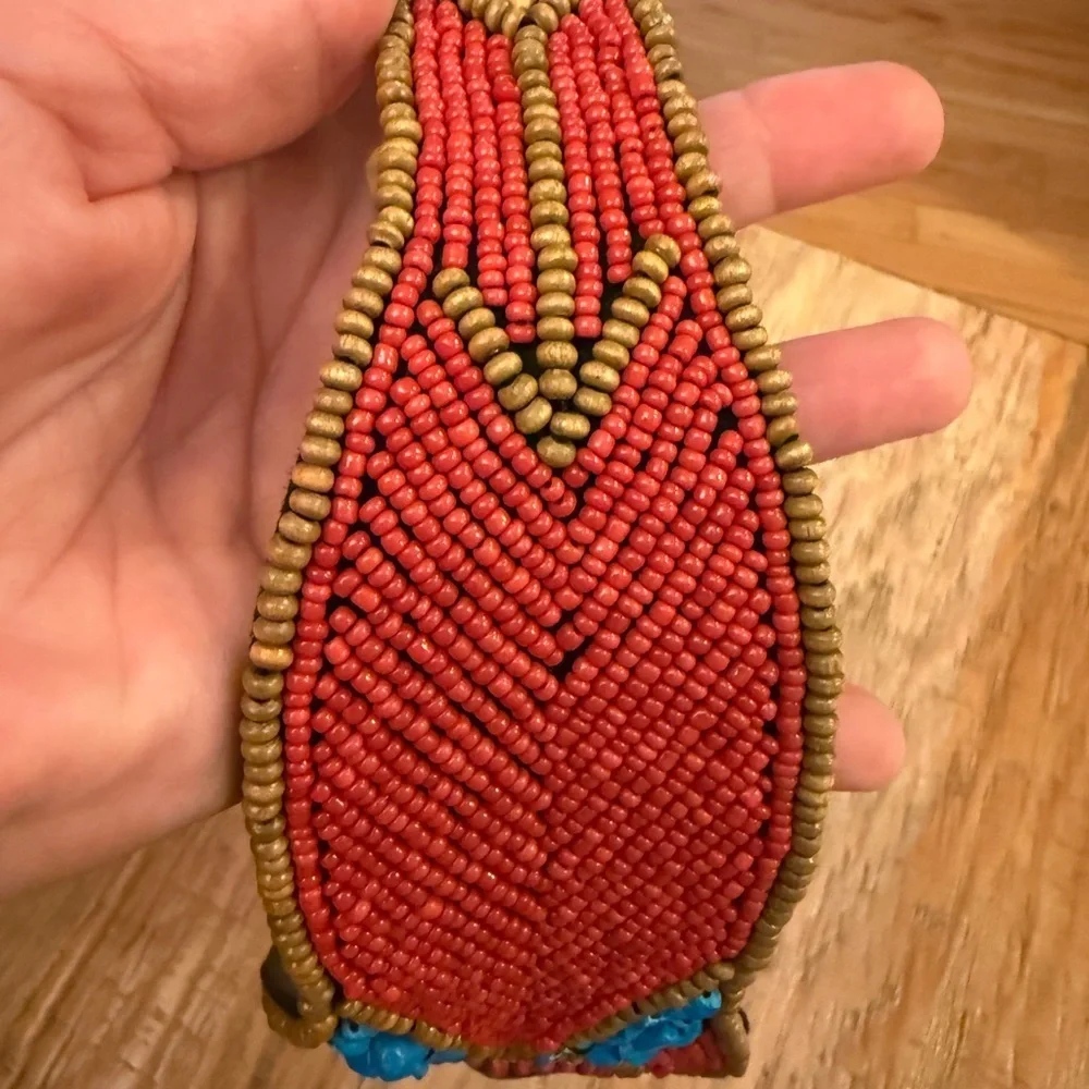 Red Blue Wood Glass & Turquoise Beaded Belt Fits 29 Waist
